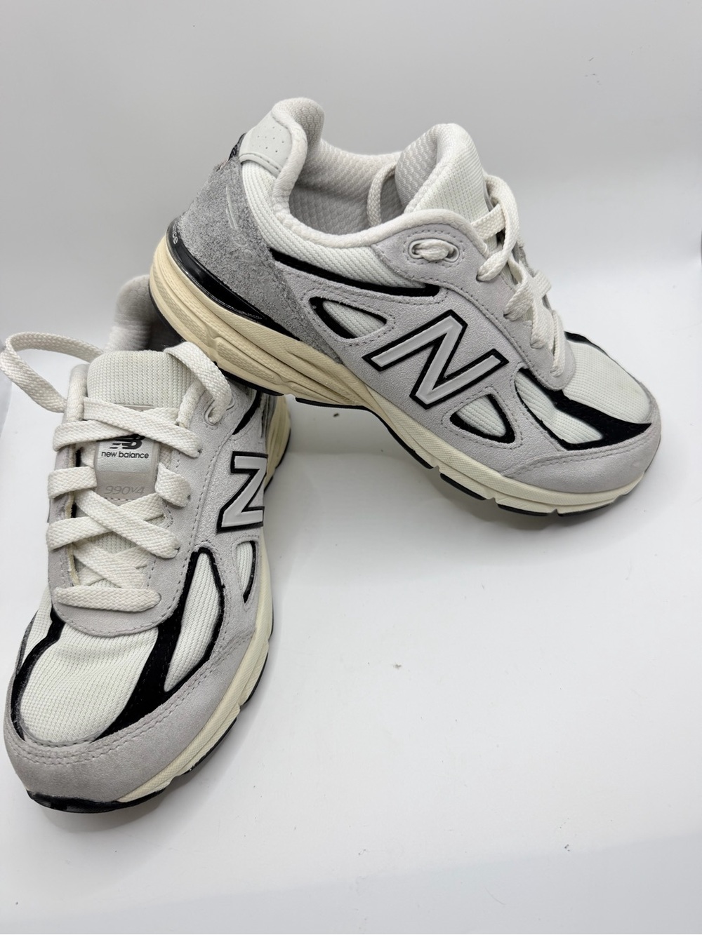 New Balance 990V4 Kids White and Black Mesh & Suede Sneakers